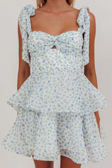 Oliana Tied Shoulder Tiered Mini Dress Floral Blue
