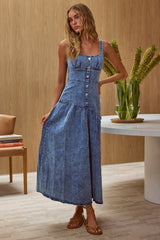 Pansy Scoop Neck Flounce Hem Maxi Dress Denim