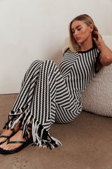 Same Place Fringed Knit Maxi Dress Black