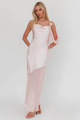 Gilded Dream Shoulder Detail Chiffon Hem Maxi Dress Blush