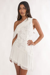Anaisa One-Shoulder Draped Mini Dress Embellished Off White