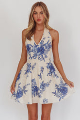 El Corazon Halterneck Mini Dress Floral Blue
