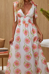 Equator Tied Shoulder Shirred Maxi Dress Floral Pink