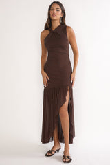 On Air Twist Neck Split Maxi Dress Chocolate