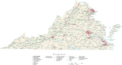 Detailed Virginia Cut-Out Style Digital Map with County Boundaries, Cities, Highways, and more