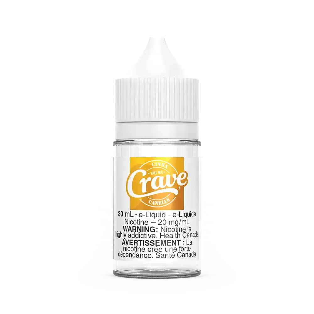 Crave Salt Cinna Swirl 30mL e-liquid bottle with white cap and yellow label.