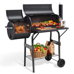 Vebreda 44in Charcoal Grill with Offset Smoker, BBQ Barrel Grill with Side Firebox for Outdoor Backyard Patio Cooking, Black