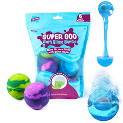 Tub Works Super Goo Bath Slime Bombs pack dissolving in water with vibrant color.