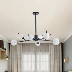 Frosted Glass Ball Ceiling Chandelier 9 Lights Pendant Lamp in Black/Gold