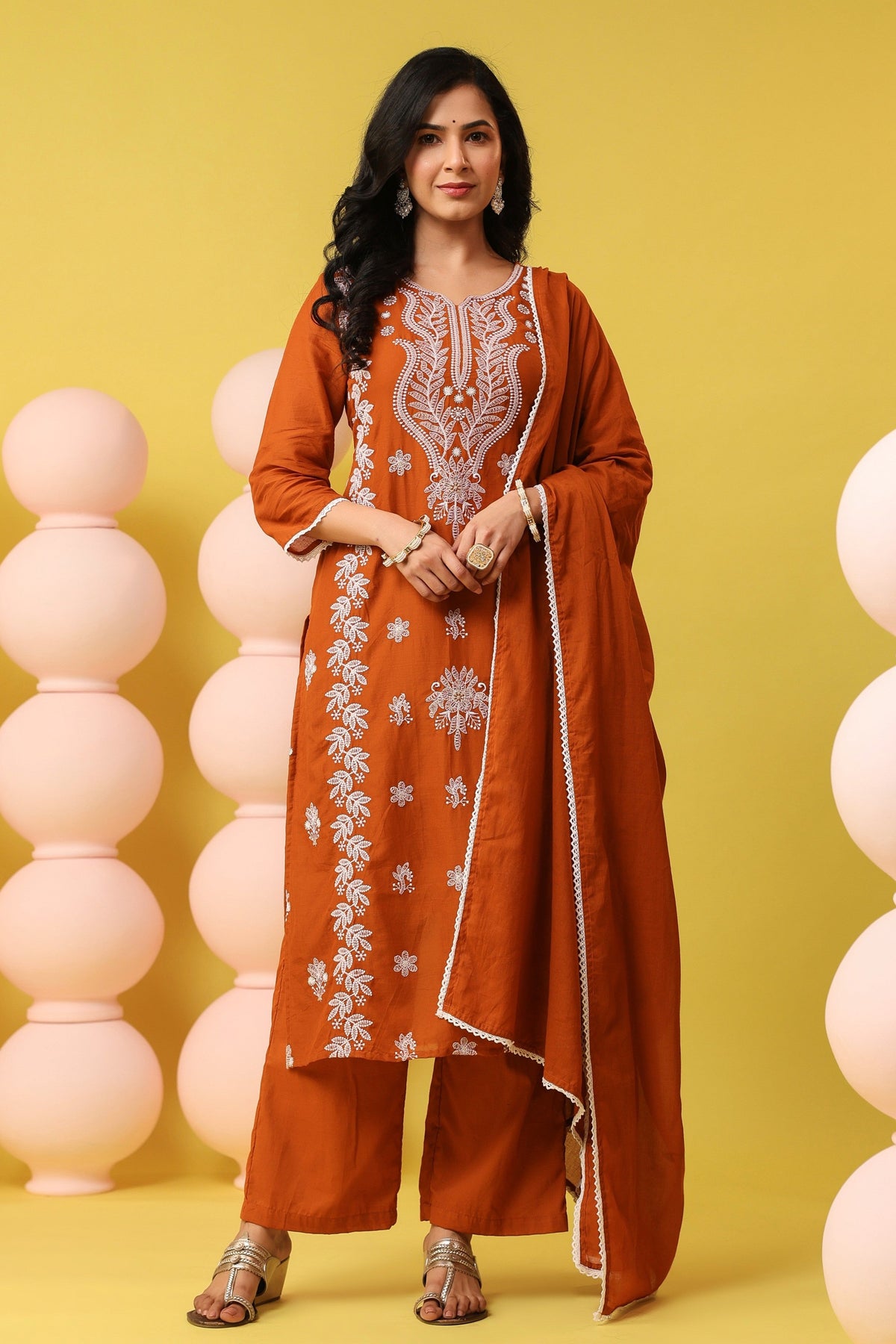 Rust-Orange Cotton Mulmul Chikankari Embroidered Straight Suit Set