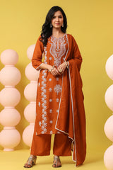 Rust-Orange Cotton Mulmul Chikankari Embroidered Straight Suit Set