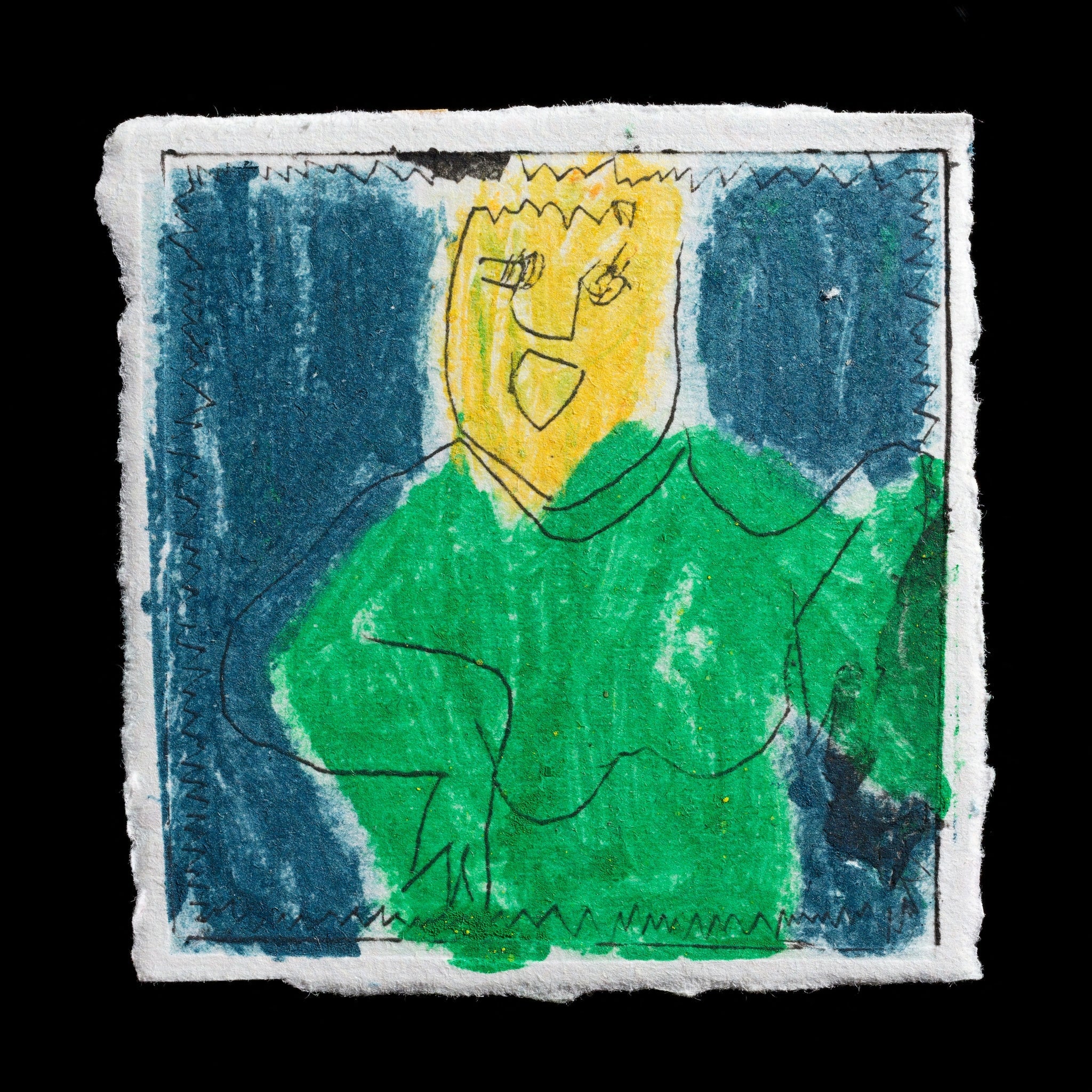 This abstract art piece, 'Untitled' by Eira McCallum, features a vibrant green figure with yellow hair set against a blue background. Created using TetraPak techniques, it showcases bold colors and dynamic composition. The artwork's simplicity belies its depth, inviting interpretation and contemplation.