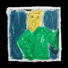 This abstract art piece, 'Untitled' by Eira McCallum, features a vibrant green figure with yellow hair set against a blue background. Created using TetraPak techniques, it showcases bold colors and dynamic composition. The artwork's simplicity belies its depth, inviting interpretation and contemplation.