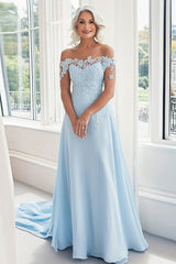 Sky Blue Linia Off The Shoulder Koronkowe Aplikacje Sukienka Matki Panny Młodej