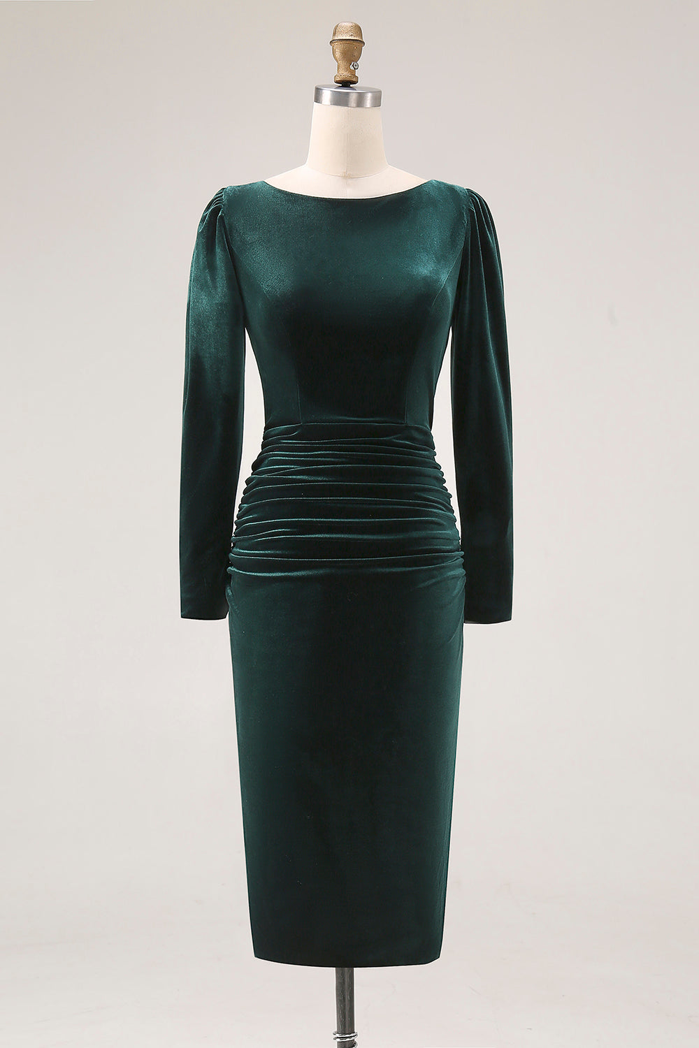 Dark Green Sheath Velvet Ruched Midi Work Dress with Long Sleeve
