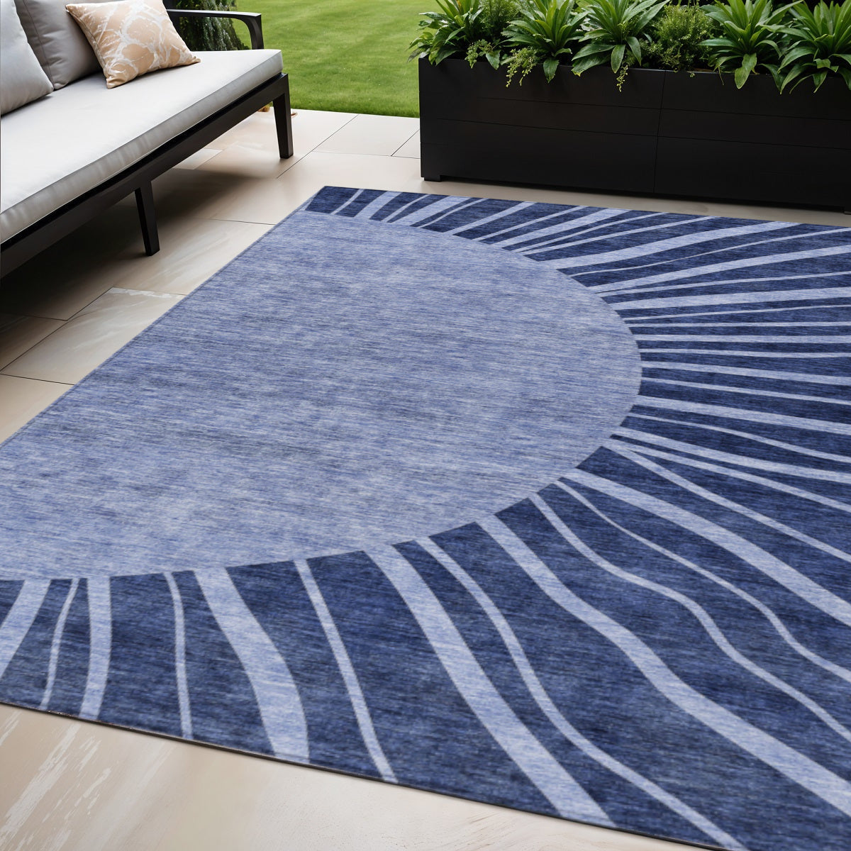 5' X 8' Navy Blue And Sky Blue Abstract Washable Indoor Outdoor Area Rug