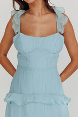 Moonlit Moment Ruffle Trim Lace-Up Back Maxi Dress Blue