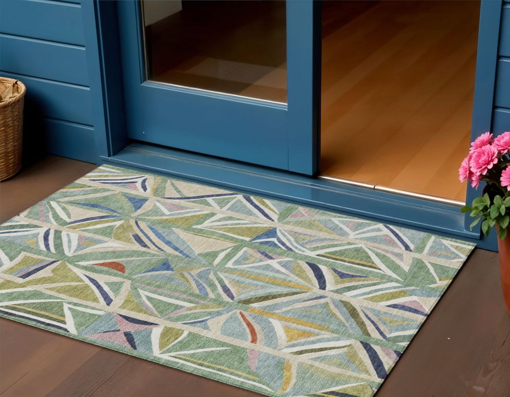 3' X 5' Sage Blue And Ivory Geometric Washable Indoor Outdoor Area Rug