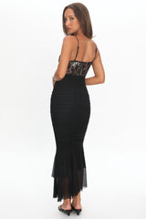 Cherubim Lace Insert Ruched Midi Dress Black