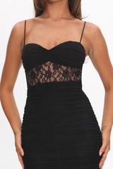 Cherubim Lace Insert Ruched Midi Dress Black