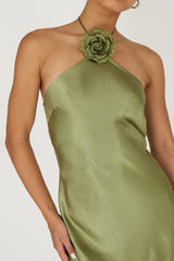 High Roller Flower Decoration Halter Dress Olive
