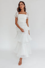 Delwynn Puff Sleeve Layered Midi Dress White