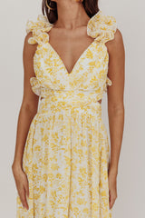 Madara Lace-Up Back Maxi Dress Floral Yellow