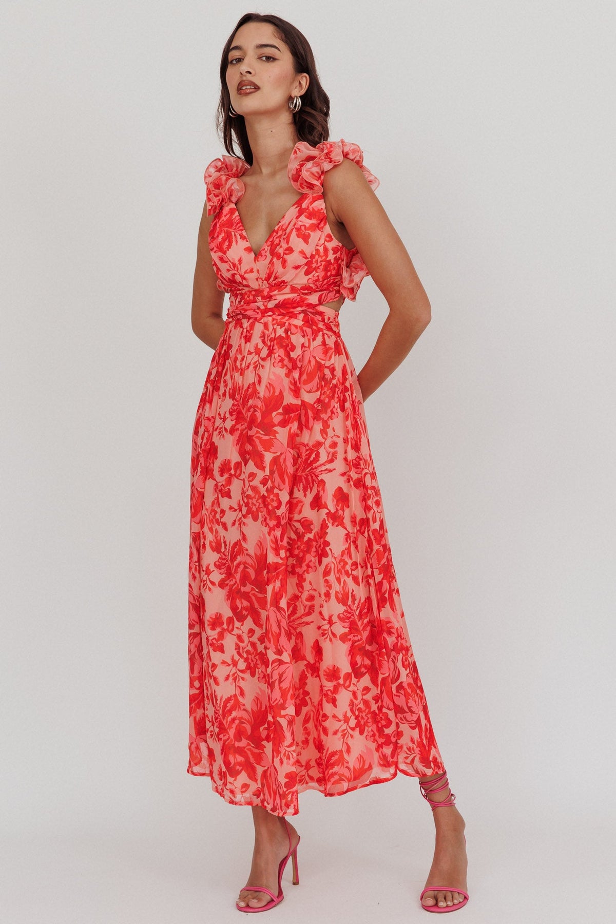 Madara Lace-Up Back Maxi Dress Floral Red
