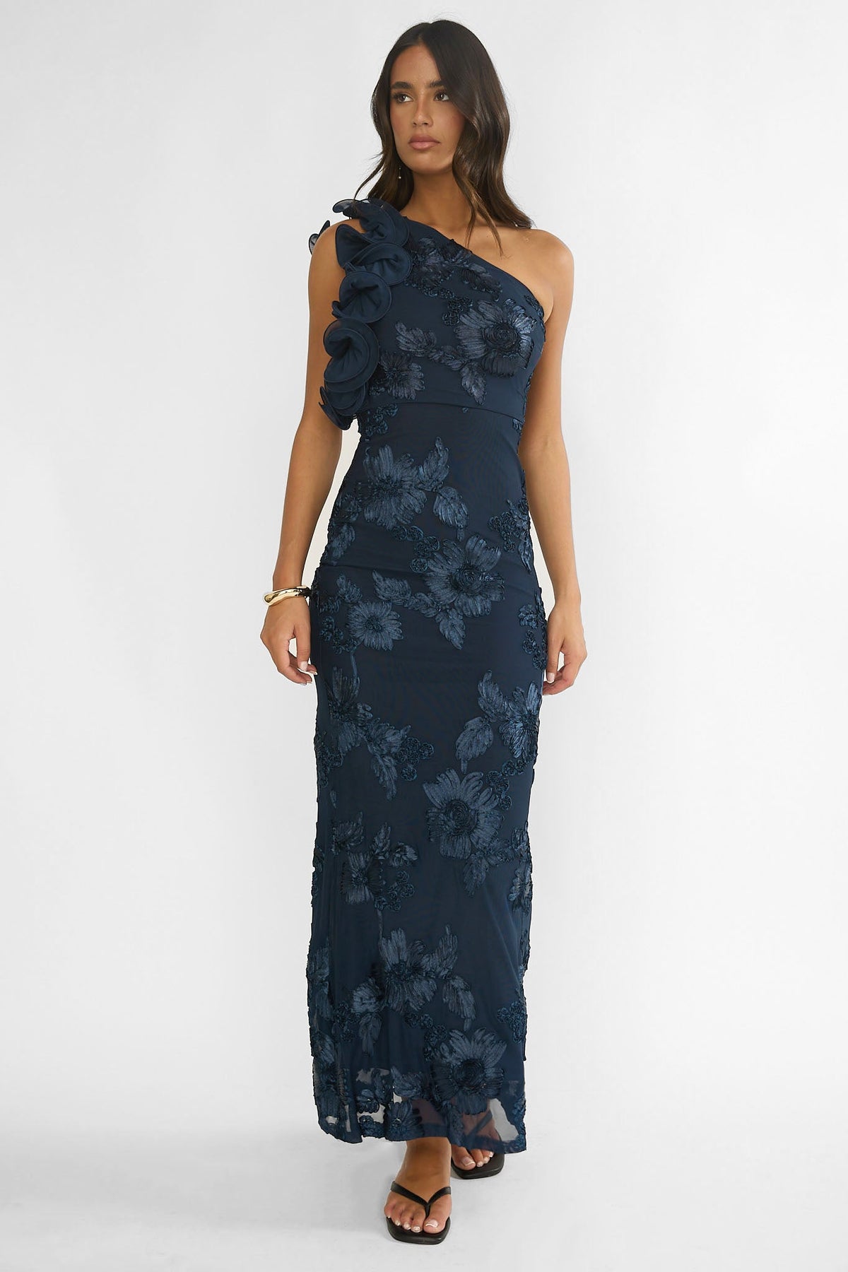 Deanna One-Shoulder Ruffle Maxi Dress Floral Navy
