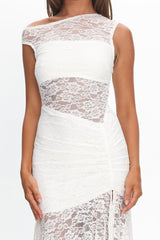 Moonlit Magic Asymmetric Neckline Lace Maxi Dress White