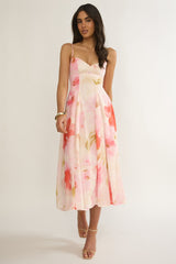 Get My Attention Pleat Waist Midi Dress Floral Pink