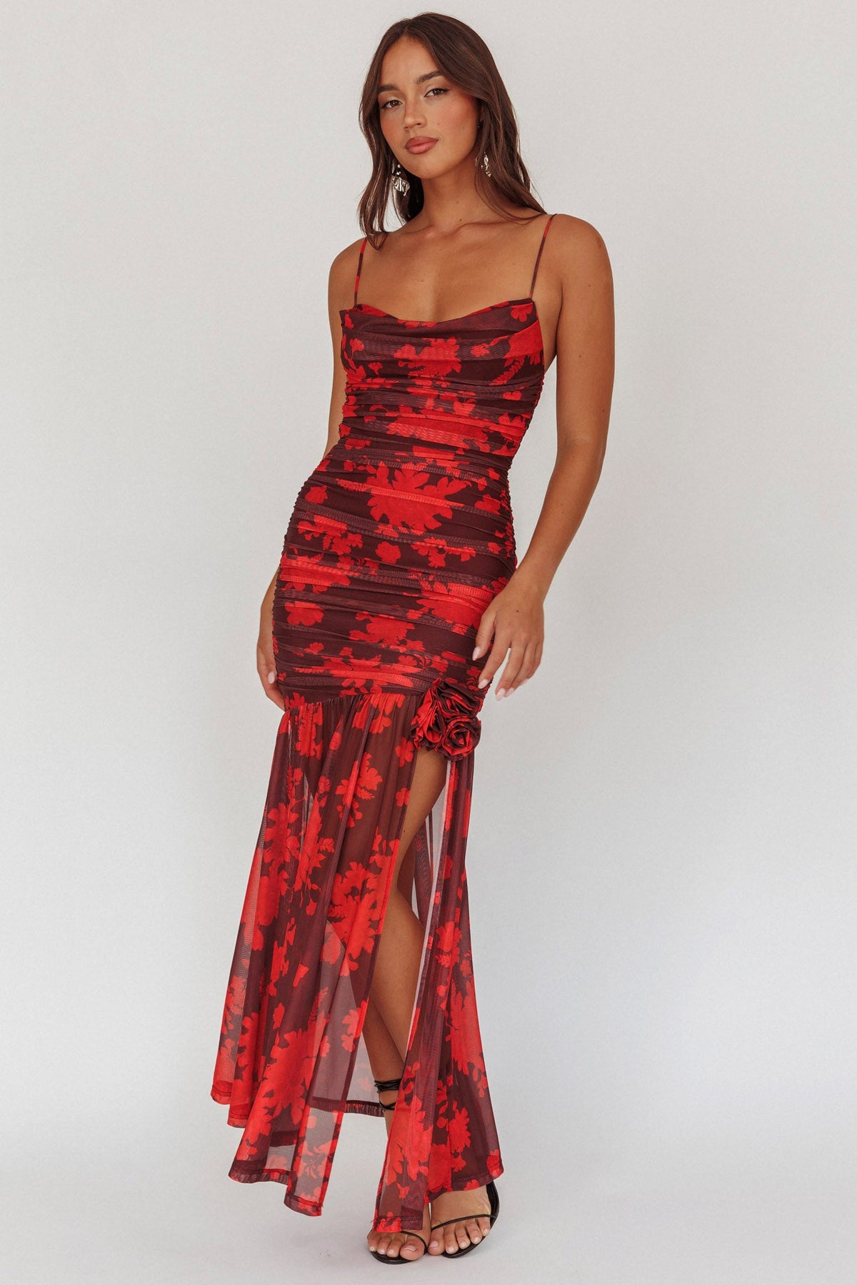 Stole The Show Ruched Mesh Maxi Dress Floral Red