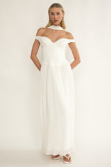 Quinnae Off-Shoulder Accordion Pleat Maxi Dress White