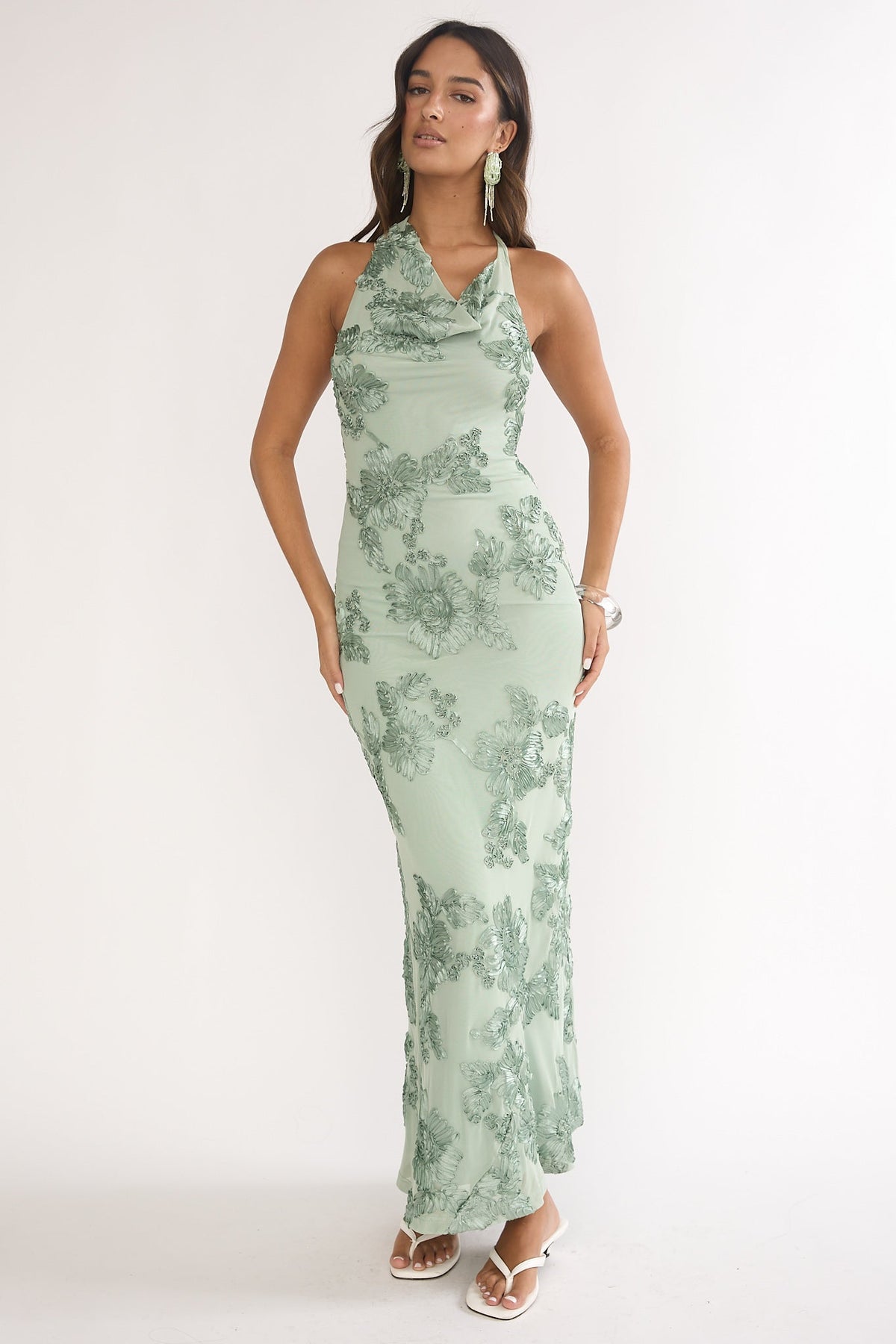 Kirralee Asymmetric Halterneck Embellished Maxi Dress Aqua Green