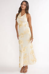 Kirralee Asymmetric Halterneck Embellished Maxi Dress Yellow
