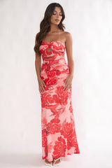 Kallira Strapless Ruched Maxi Dress Floral Red