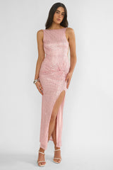 Zaretha Backless Split Maxi Dress Sequin Pink
