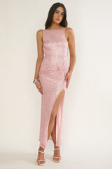 Zaretha Backless Split Maxi Dress Sequin Pink