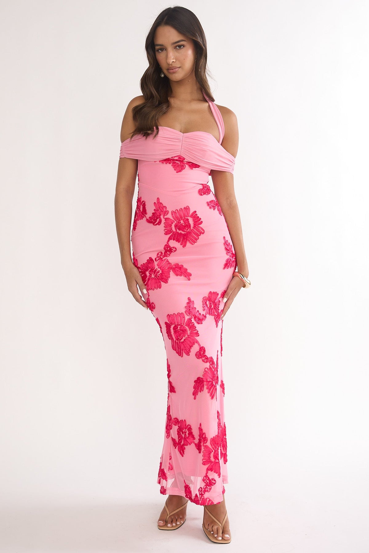 Fleurie Halter Off-Shoulder Maxi Dress Embellished Pink