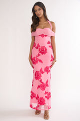 Fleurie Halter Off-Shoulder Maxi Dress Embellished Pink
