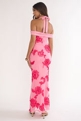 Fleurie Halter Off-Shoulder Maxi Dress Embellished Pink