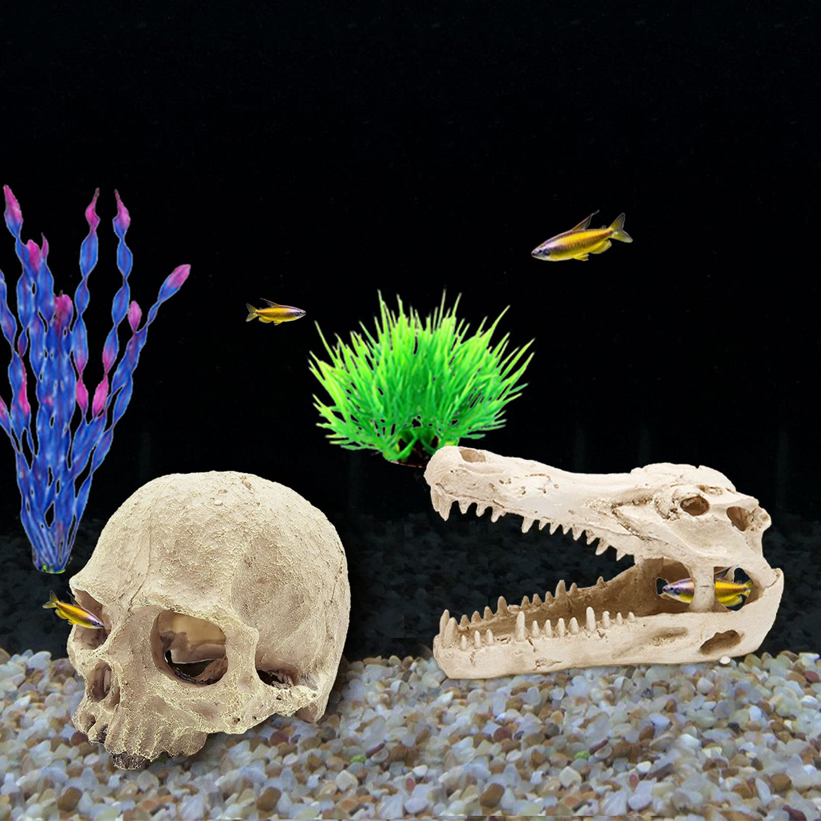 Tfwadmx Bearded Dragon Tank Accessories Reptiles Crocodile Skull Decorations Resin Human Skulls Hideouts Cave Habitat Lizard Plants Hanging Fake Vines Decor for Chameleon,Snake,Spider,Gecko and Fish - BeesActive Australia