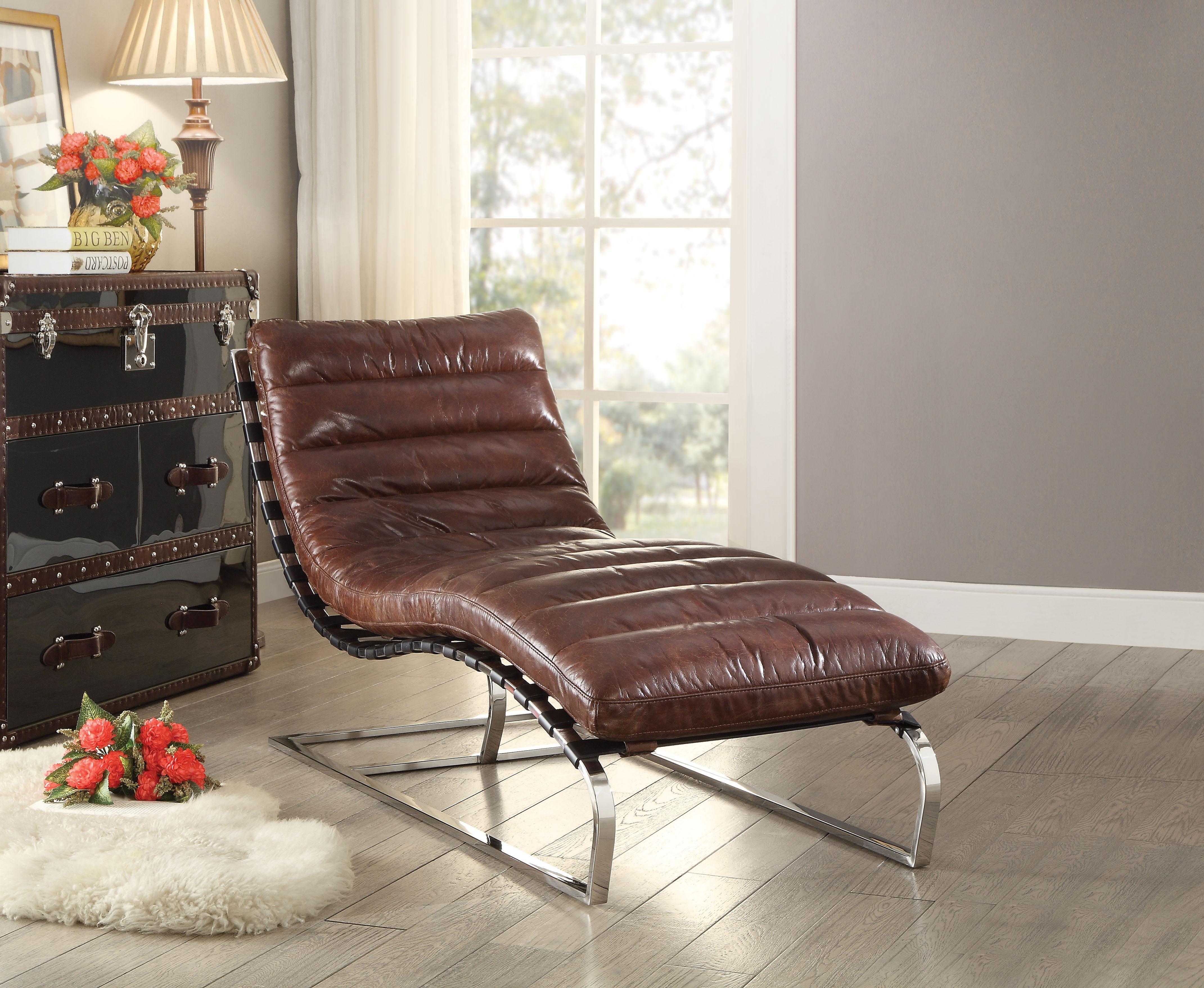 Qortini Vintage Dark Brown Top Grain Leather & Stainless Steel Chaise - Furniture Stars (Chicago, IL)