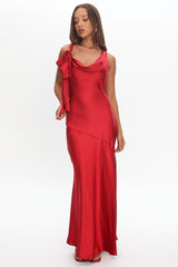 Averie Bow Shoulder Split Midi Dress Red