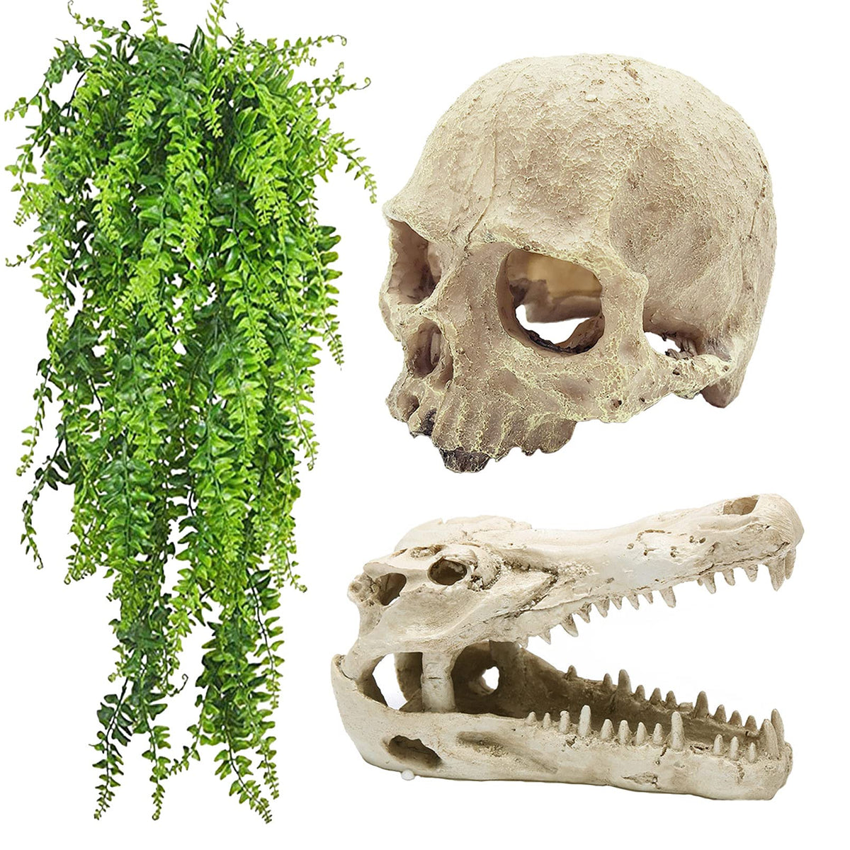 Tfwadmx Bearded Dragon Tank Accessories Reptiles Crocodile Skull Decorations Resin Human Skulls Hideouts Cave Habitat Lizard Plants Hanging Fake Vines Decor for Chameleon,Snake,Spider,Gecko and Fish - BeesActive Australia