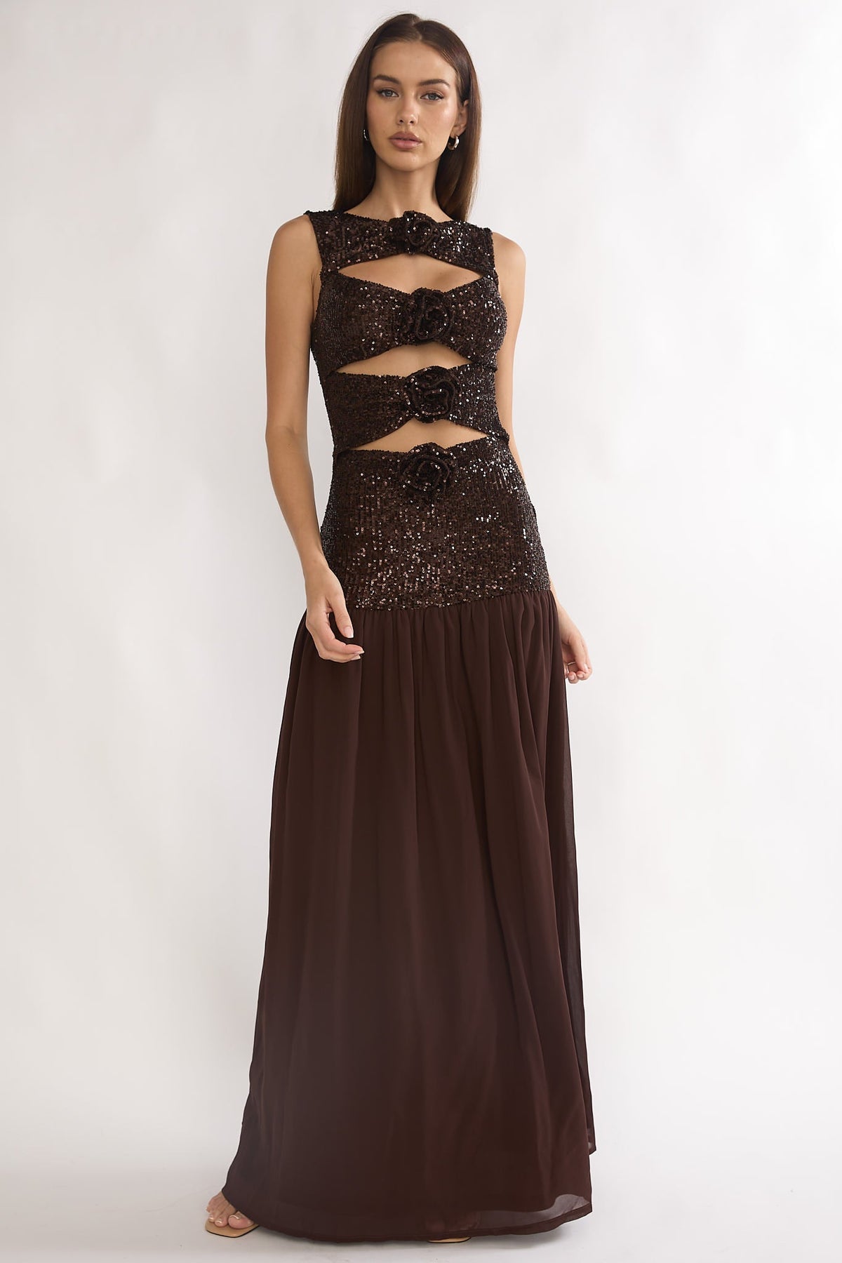 Dioris Rosette Cut-Out Sequin Maxi Dress Sequin Choco