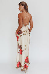 Aspen Spring Lace-Up Back Maxi Dress Floral Beige