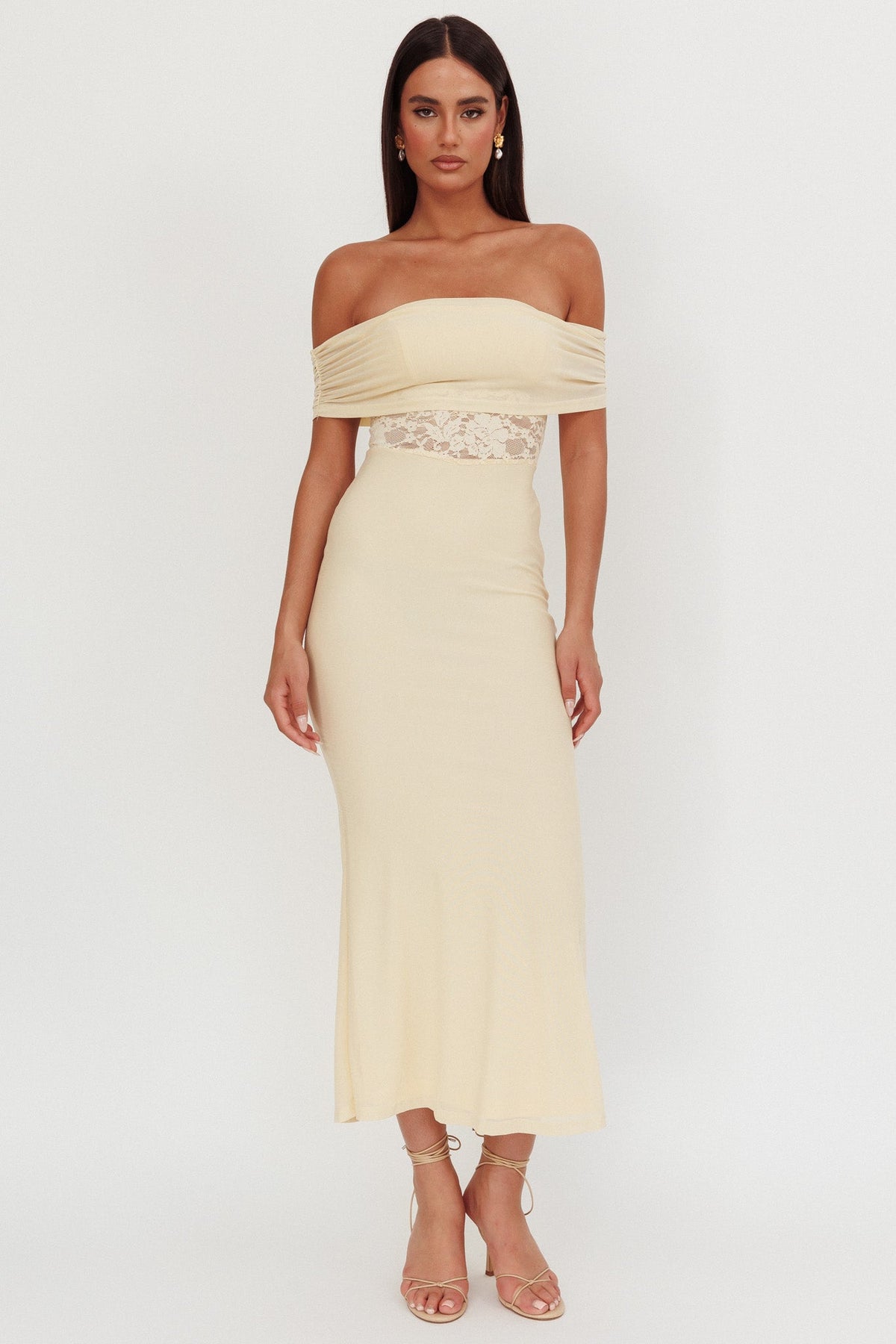 Flutters Off-Shoulder Lace Insert Maxi Dress Cream