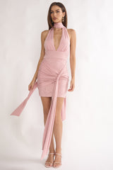 Adair Halterneck Waist Sash Mini Dress Blush