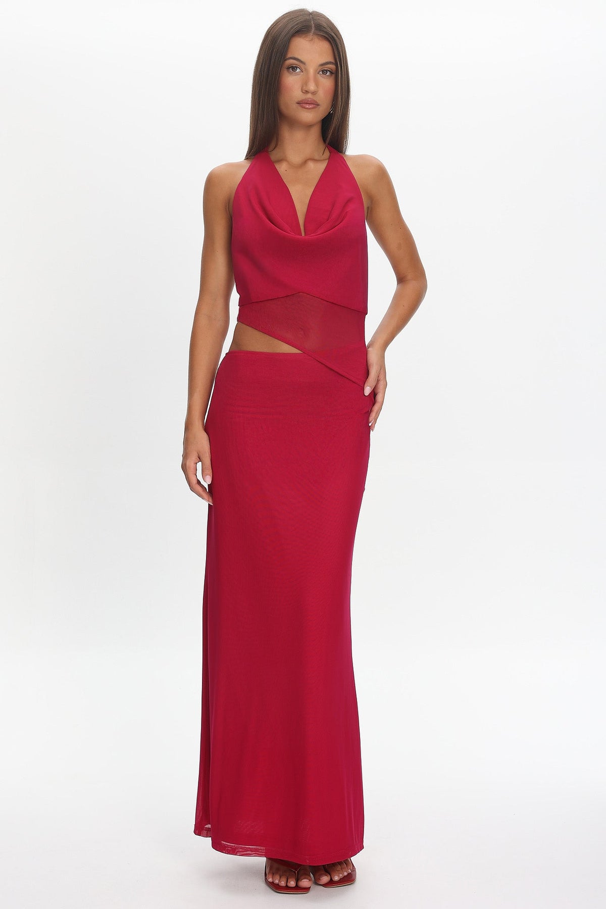 Playing Games Cut-Out Cowl Halter Dress Berry